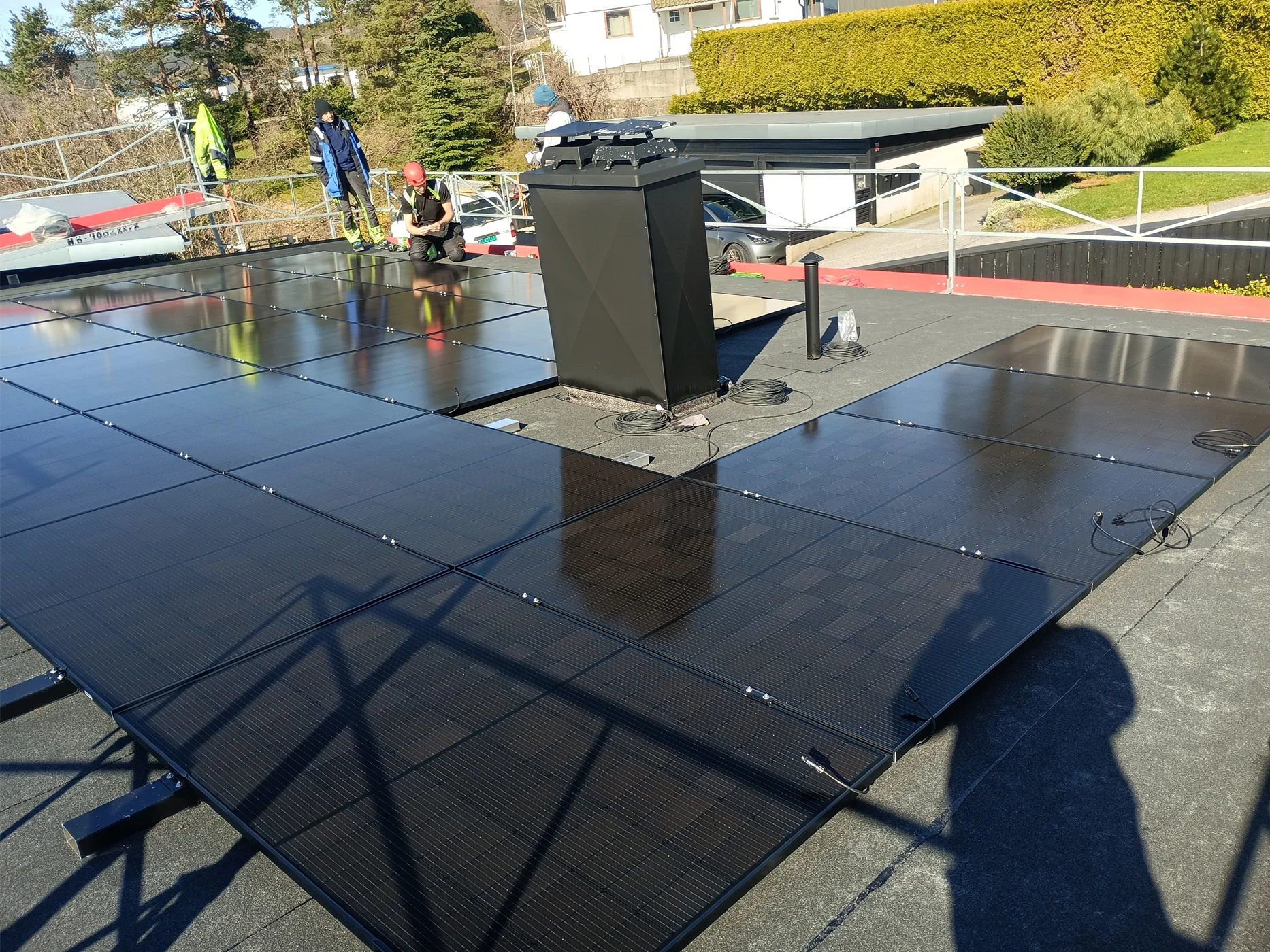 Solar panel installation on residential building roof