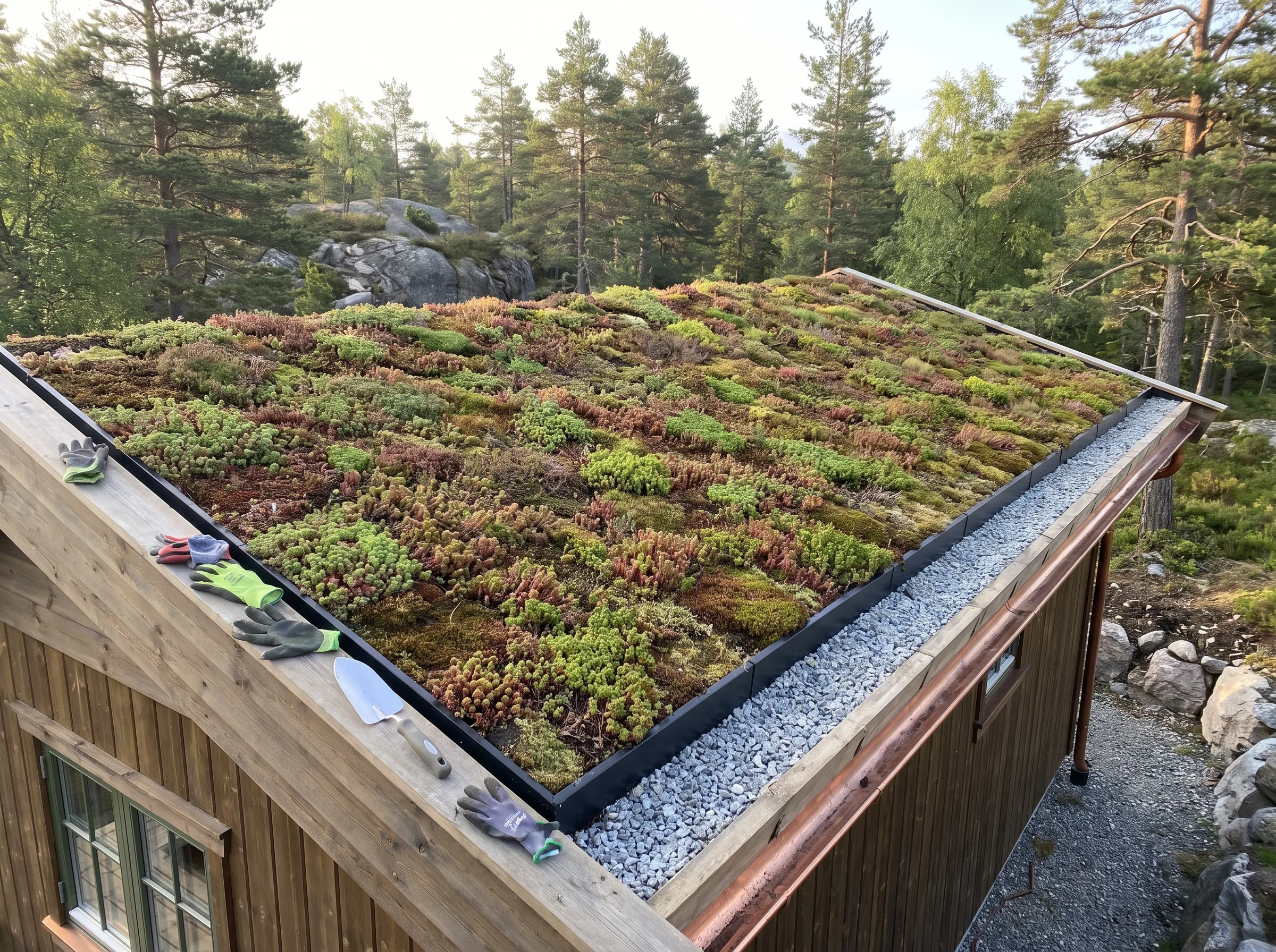 Sedumtak med variasjon i planter på taket av en hytte