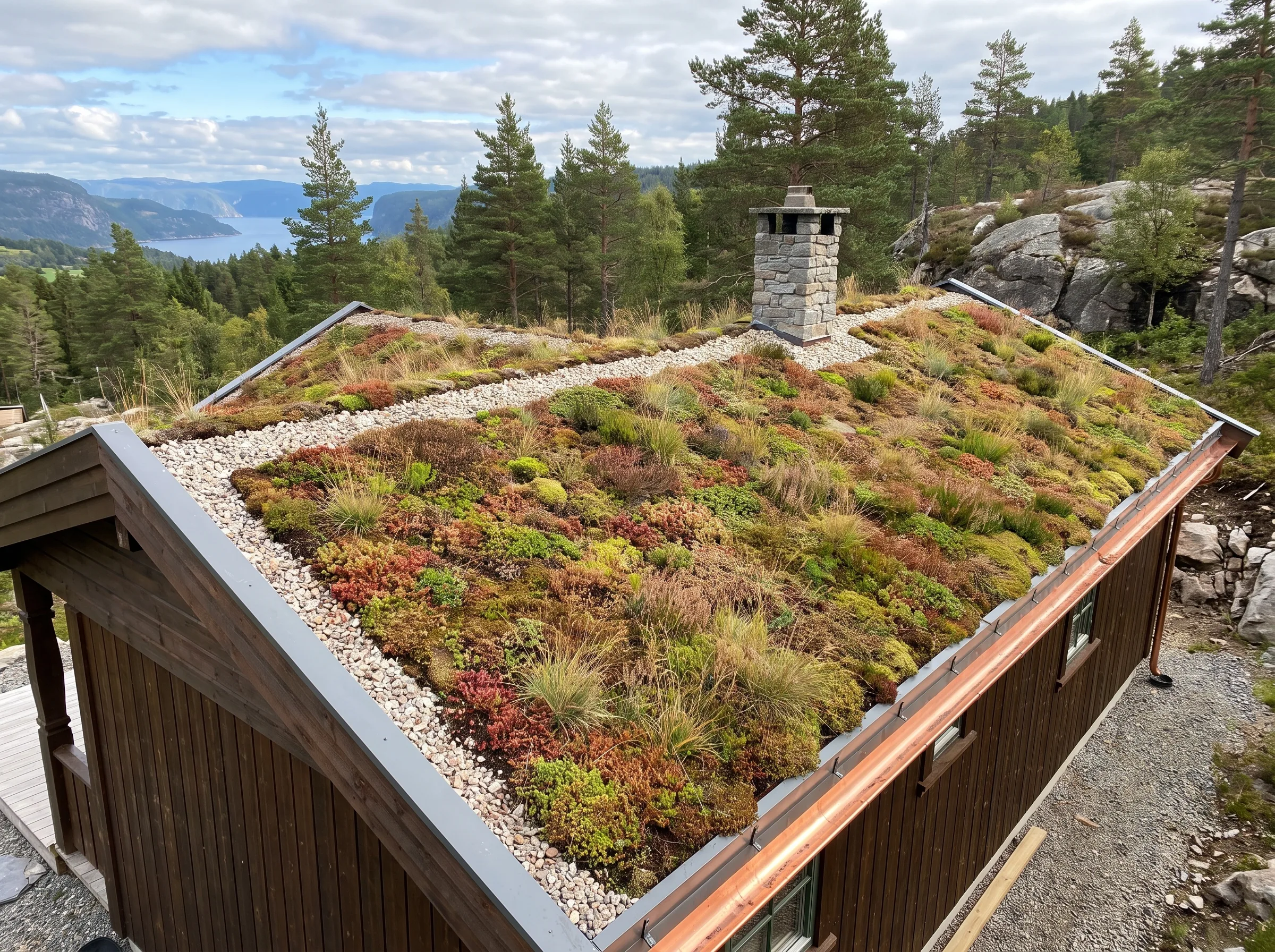 Sedumtak på hytte med grønn beplantning og steinkamin i naturskjønn område