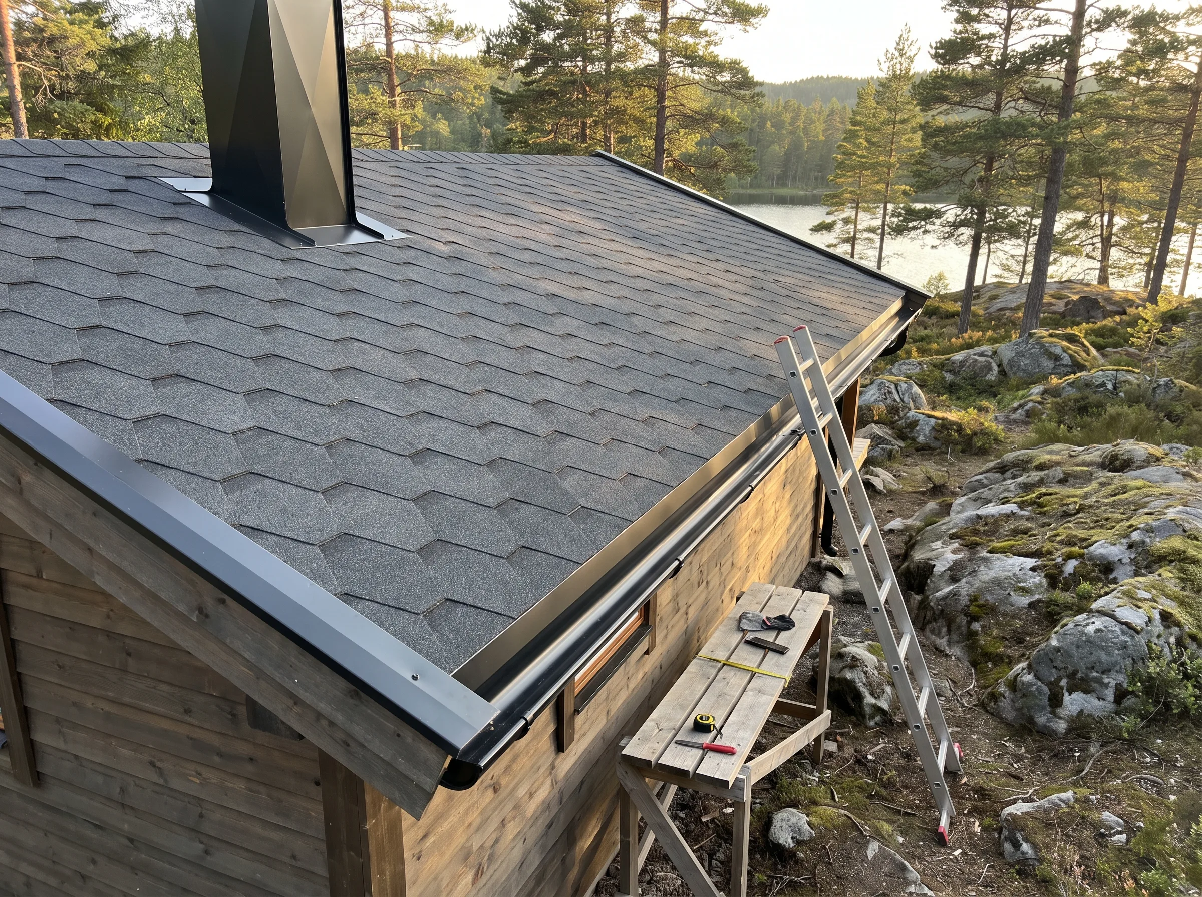 Takskifte med shingel på hytte, verktøy og stige i forgrunnen