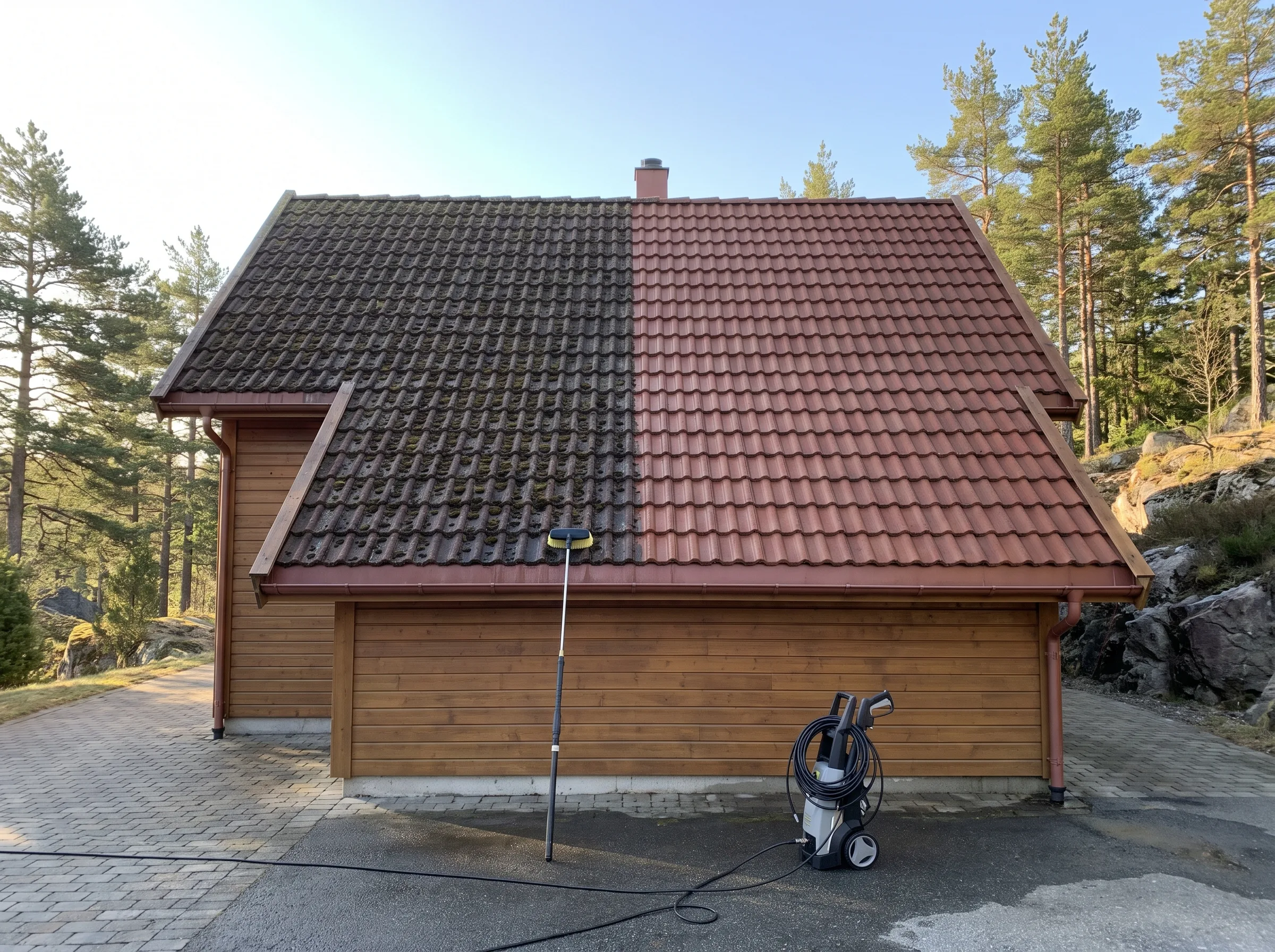 Takvask av tak med rene og skitne fliser, med utstyr synlig i forgrunnen