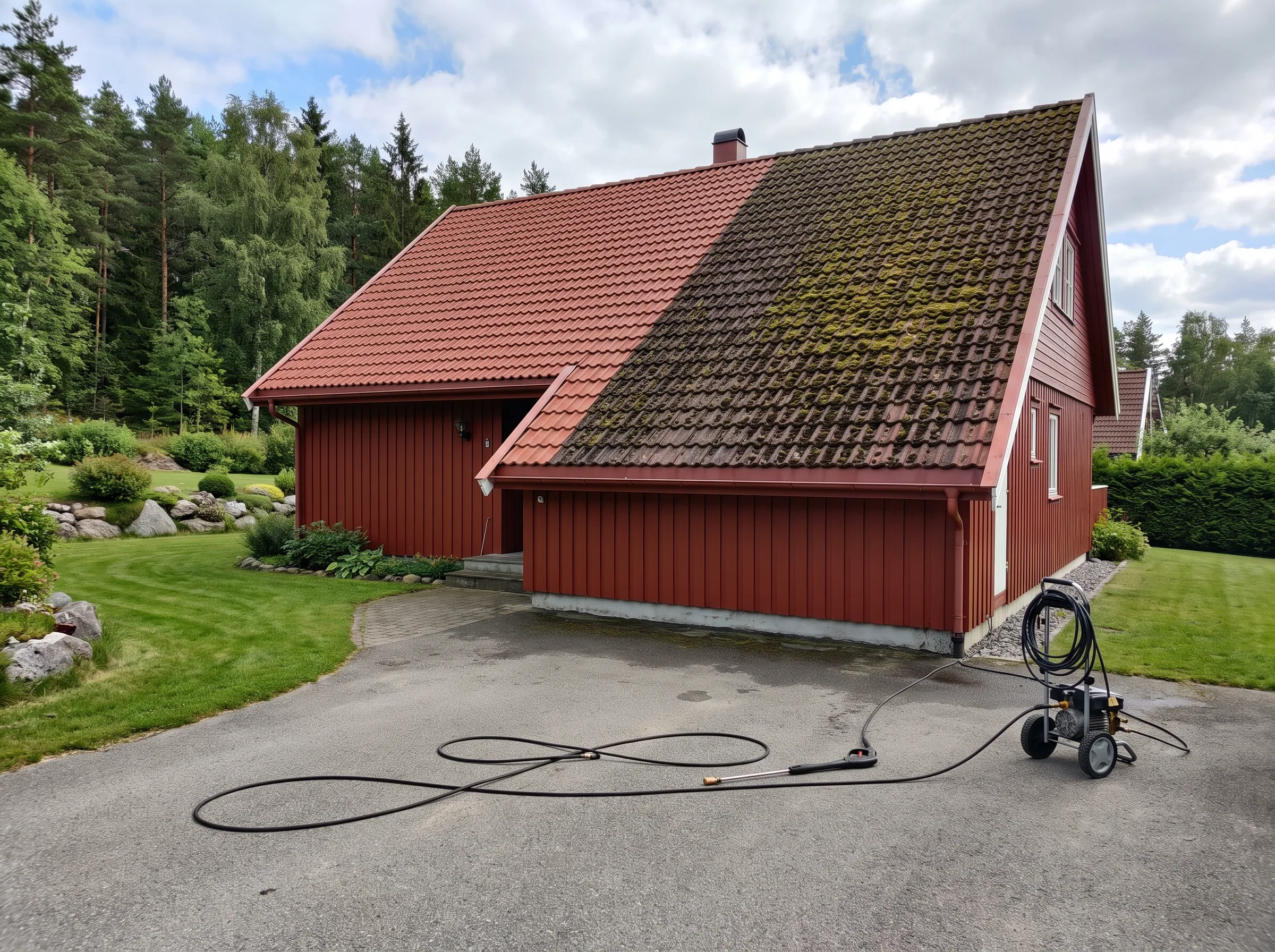 Takvask av tak med mosefjerning på rød bolig