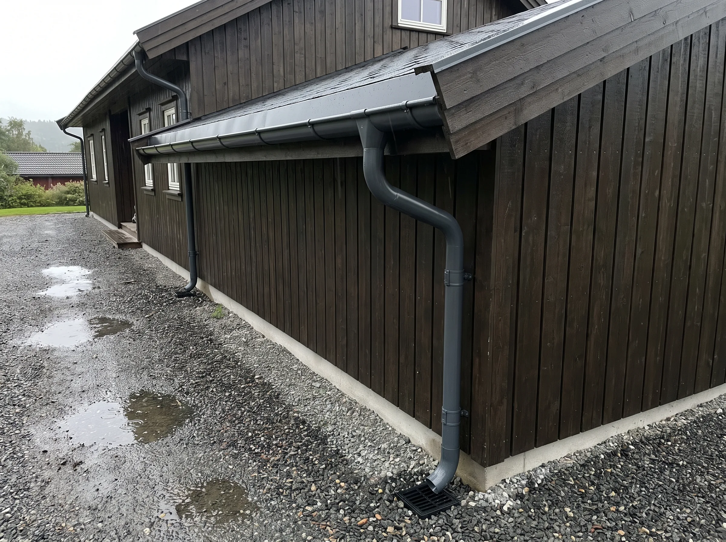 Takrenner i stål med nedløpsrør på en bygning med mørk kledning