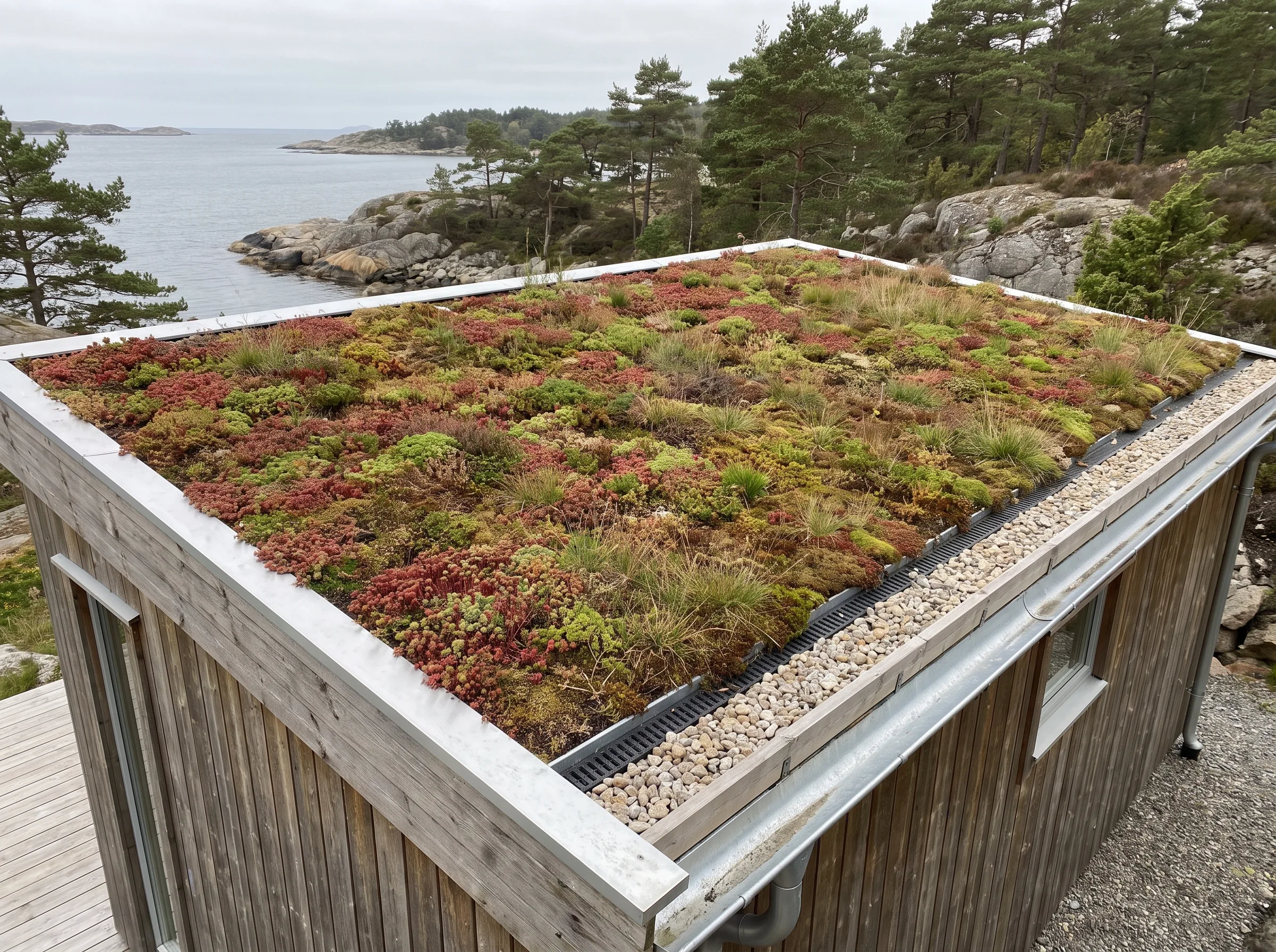 Sedumtak med grønne planter på taket av en bygning, omgitt av natur