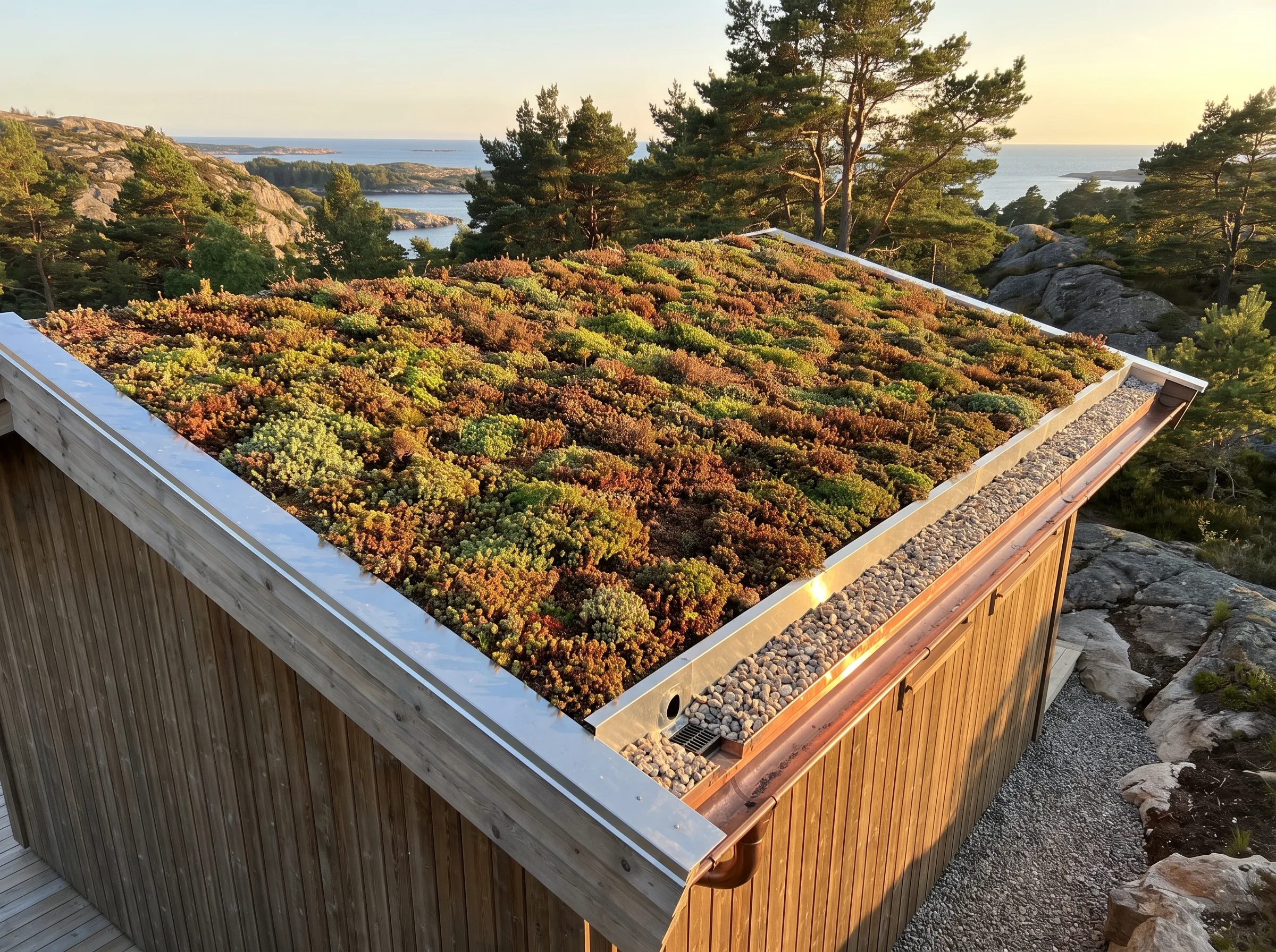 Sedumtak med grønne planter på taket av en hytte i naturskjønt landskap