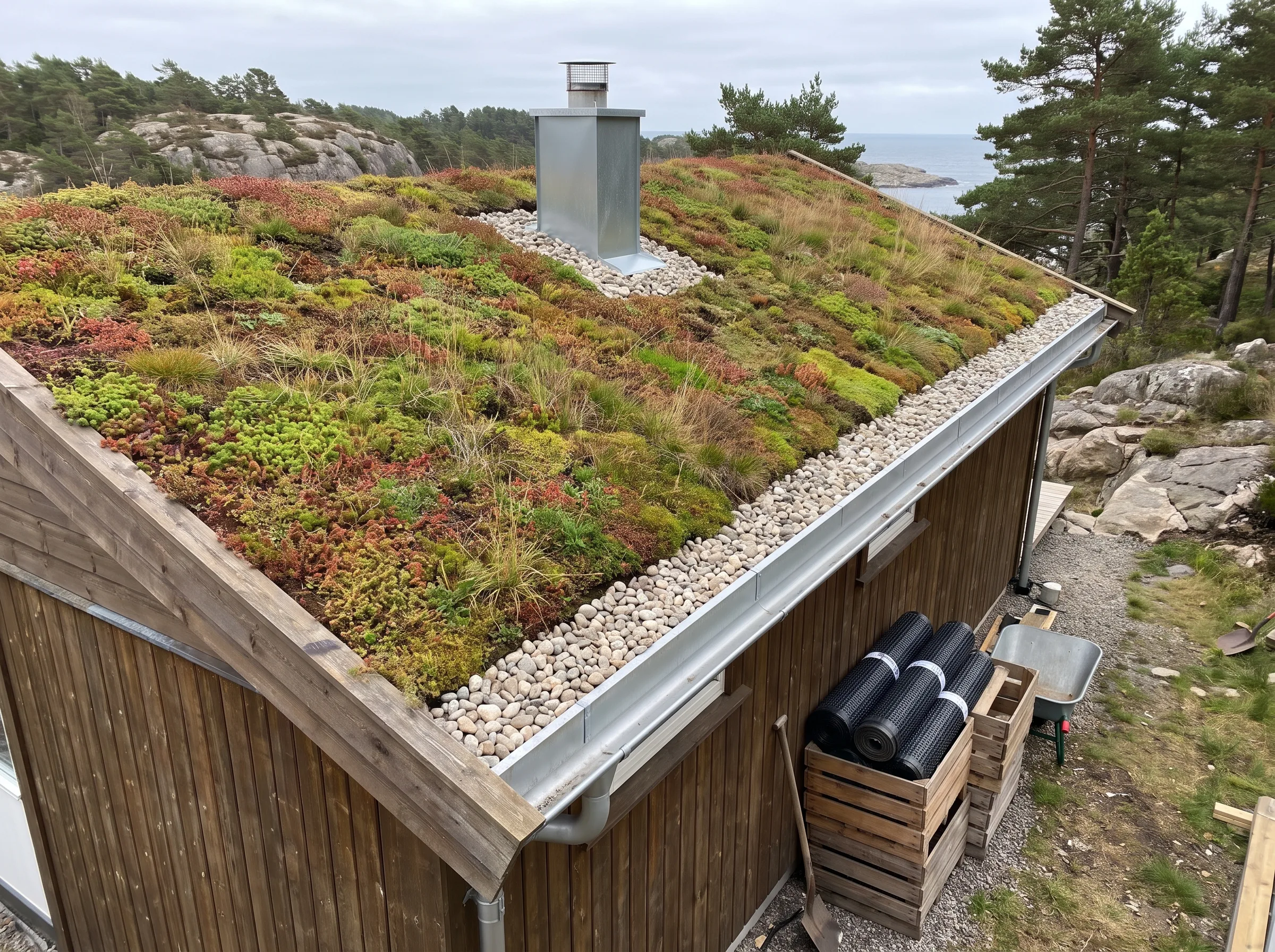 Sedumtak med grønt tak og steinrande på en hytte i naturskjønne omgivelser