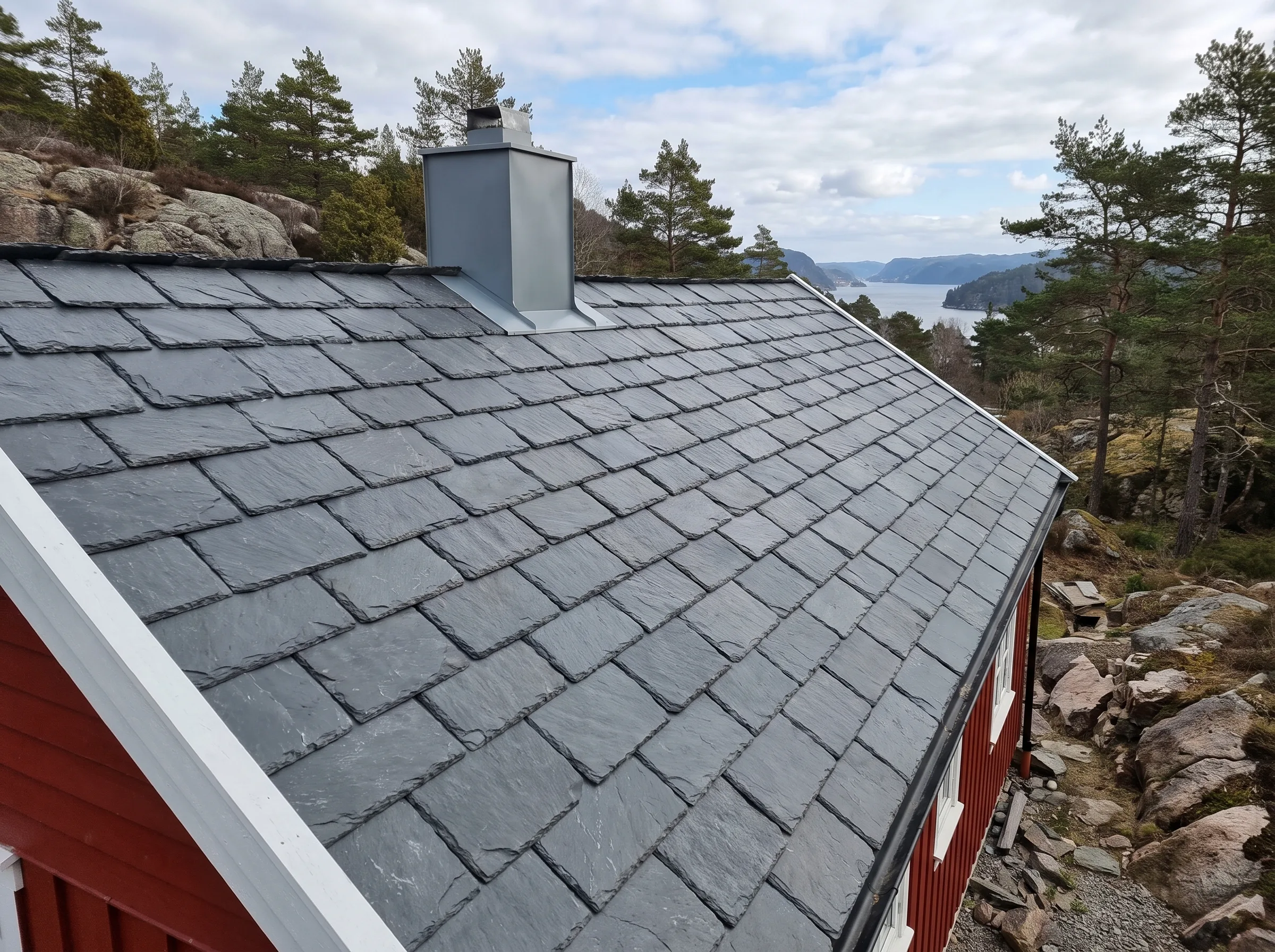 Skifertak i solfylt landskap med utsikt over fjorden
