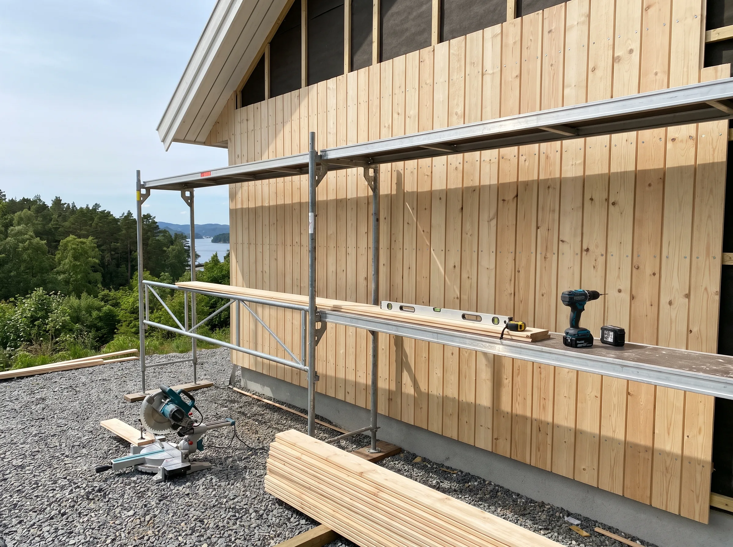 Bygging av trekledning med scaffolding og verktøy i forgrunnen