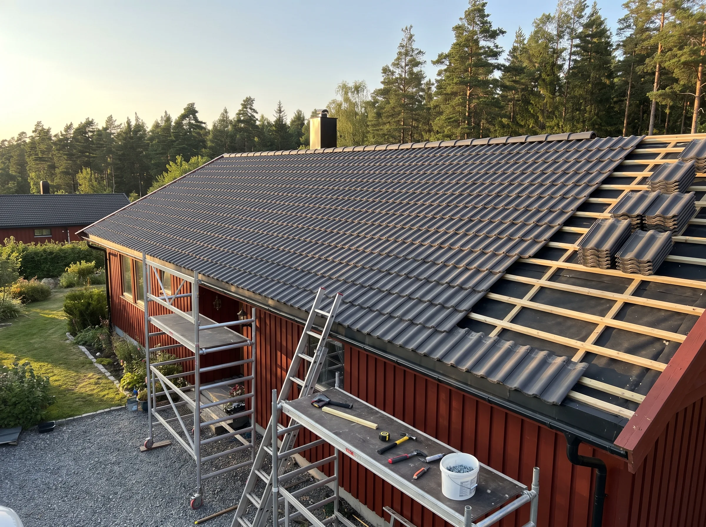 Takmontering med takstein på en rød enebolig i skogområde