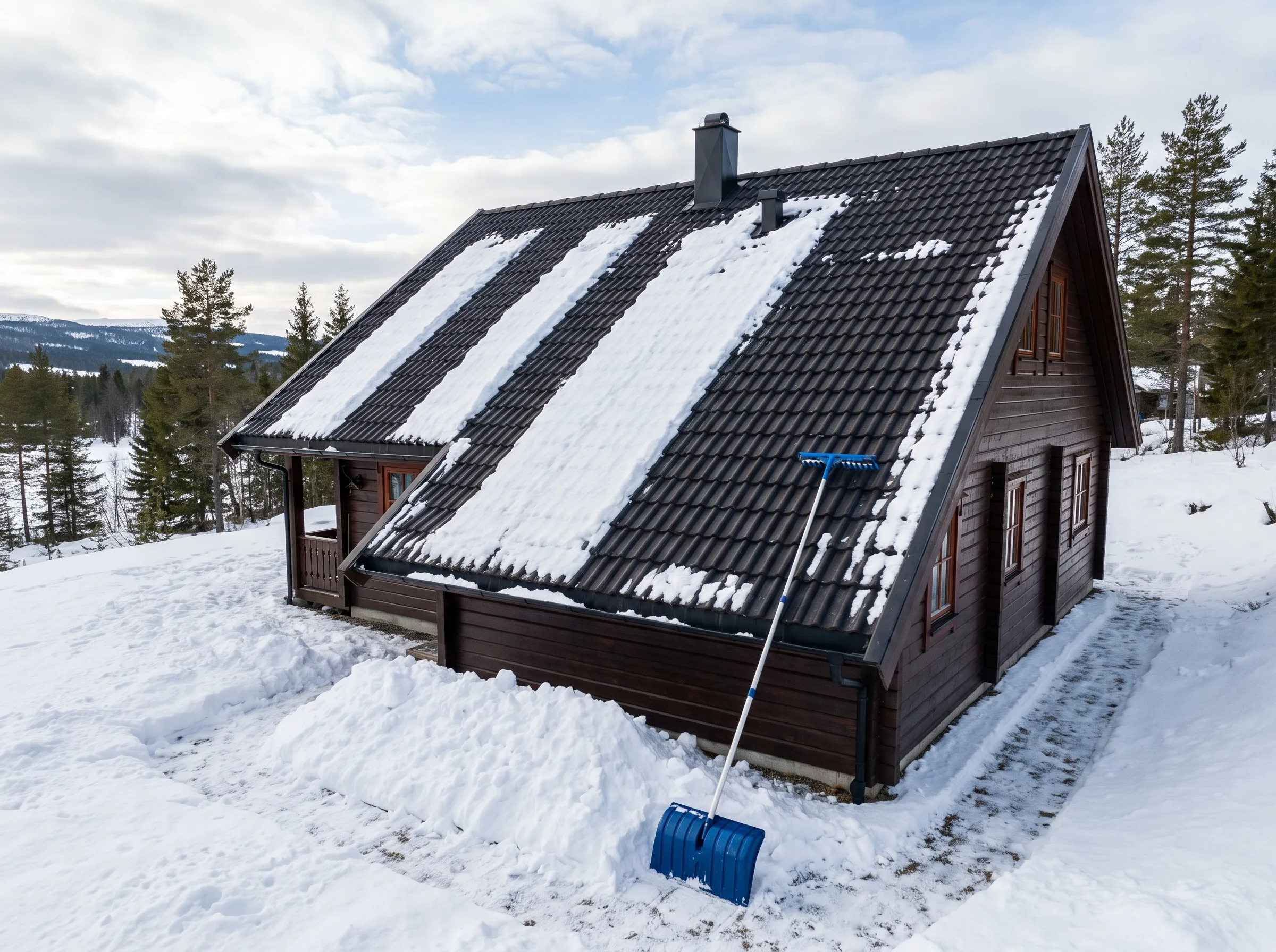 Takvask på hytte med snø rundt i vinterlandskapet