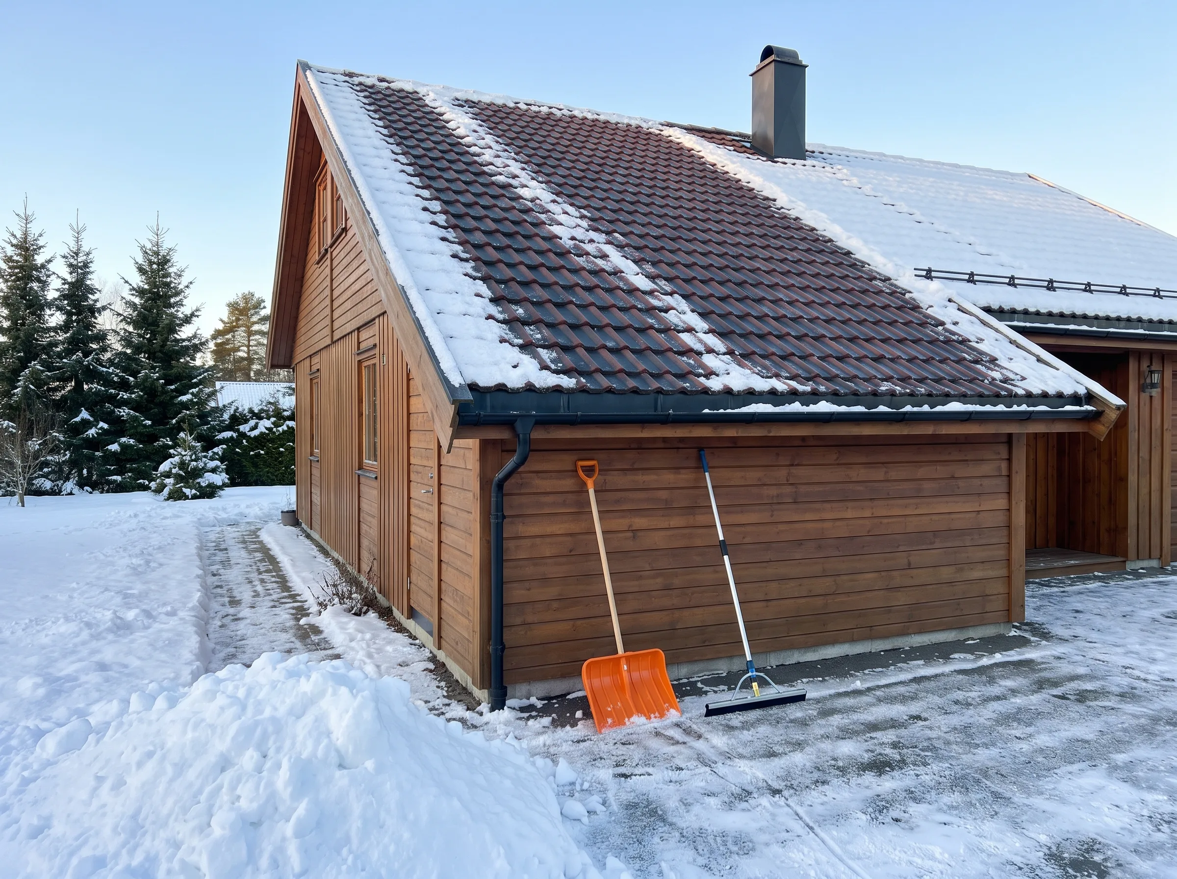 Uteområde med snørydding av tak og skråtak med takstein