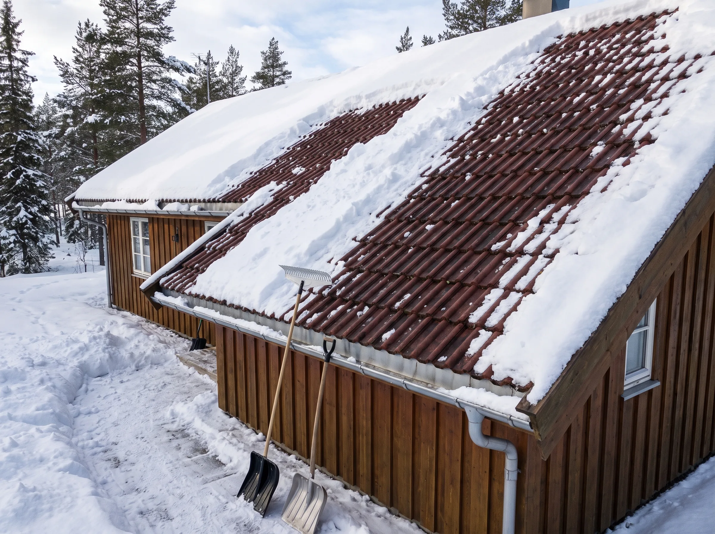 Snødeksel på tak med takstein, snørydding av tak