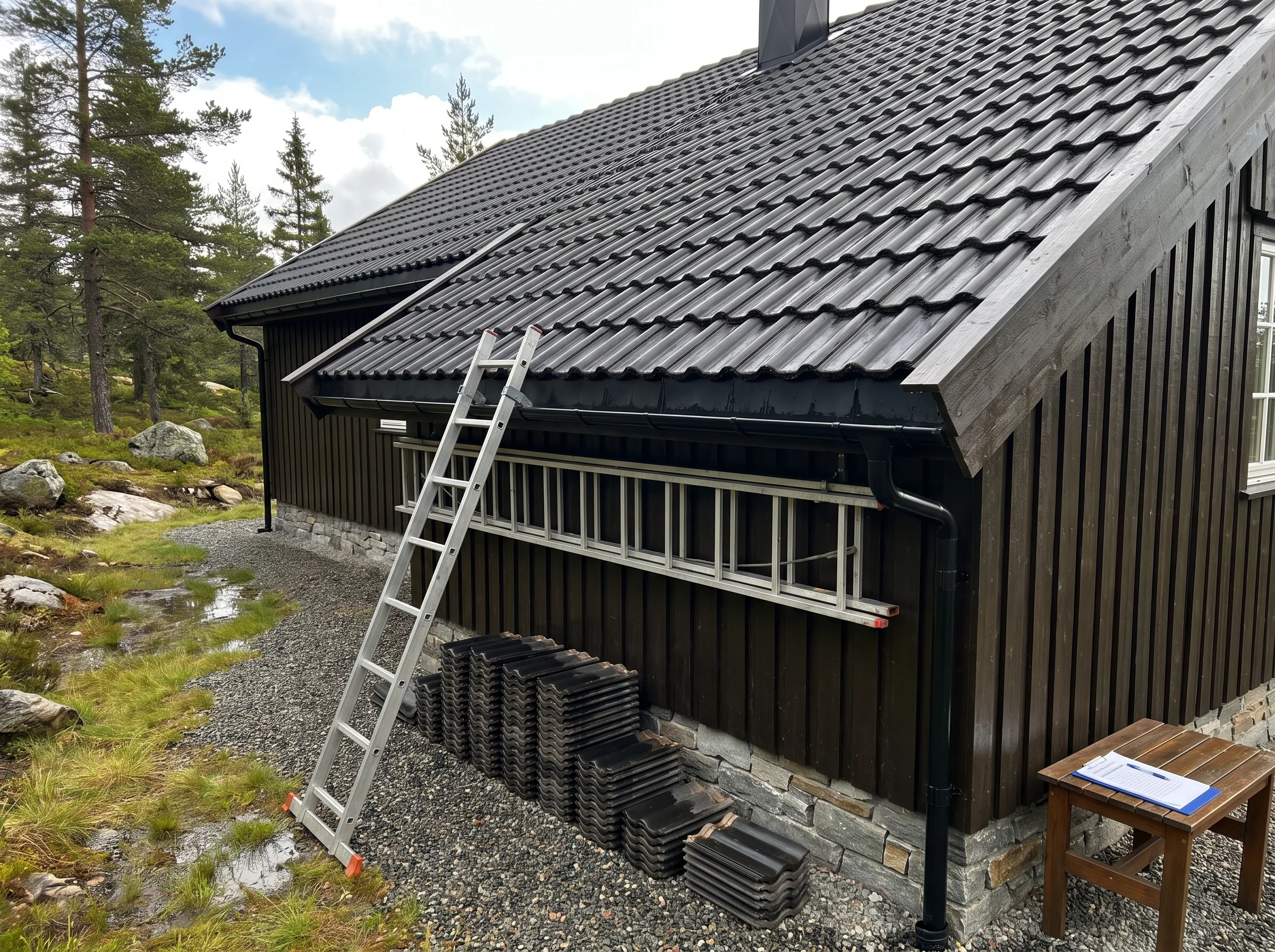 Montering av takstein på et hus med stige og stablede takplater i forgrunnen