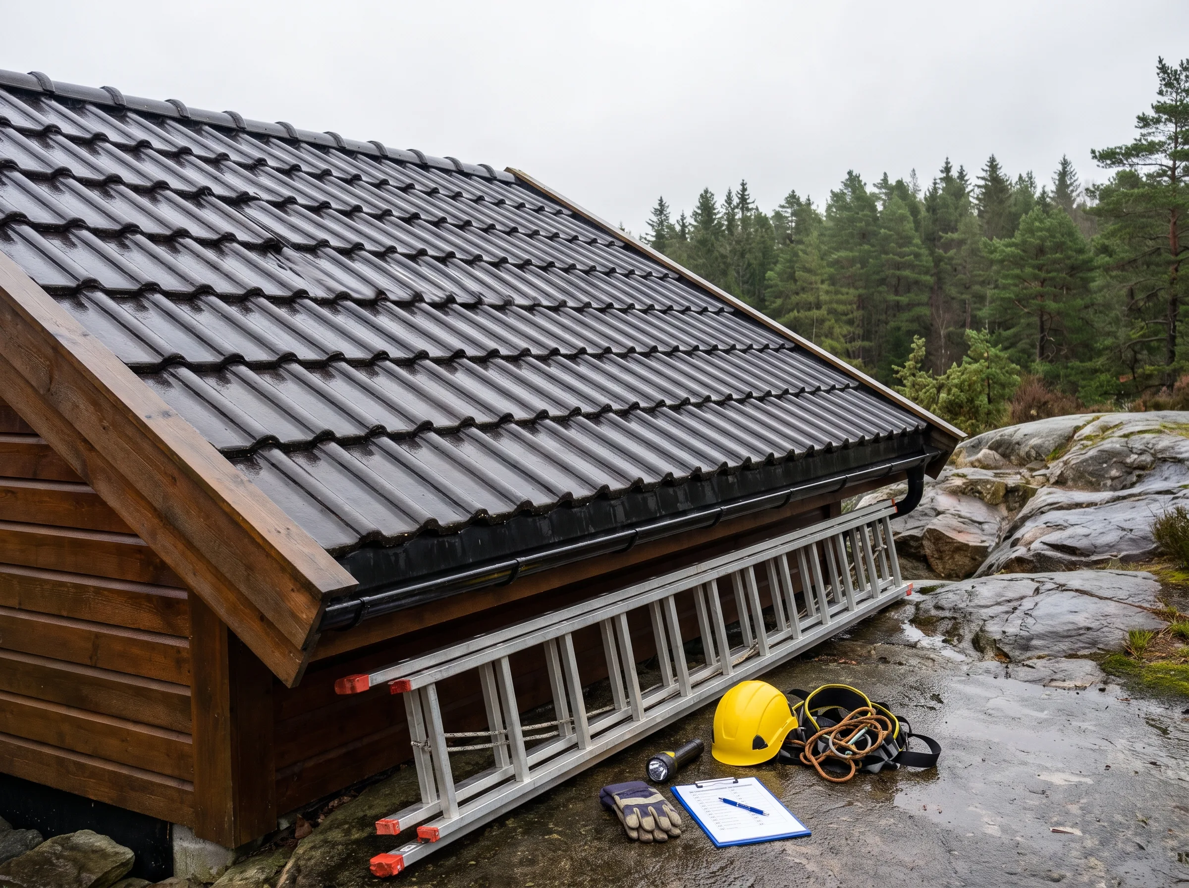 Skråtak med takstein, stillas og verktøy for takarbeid