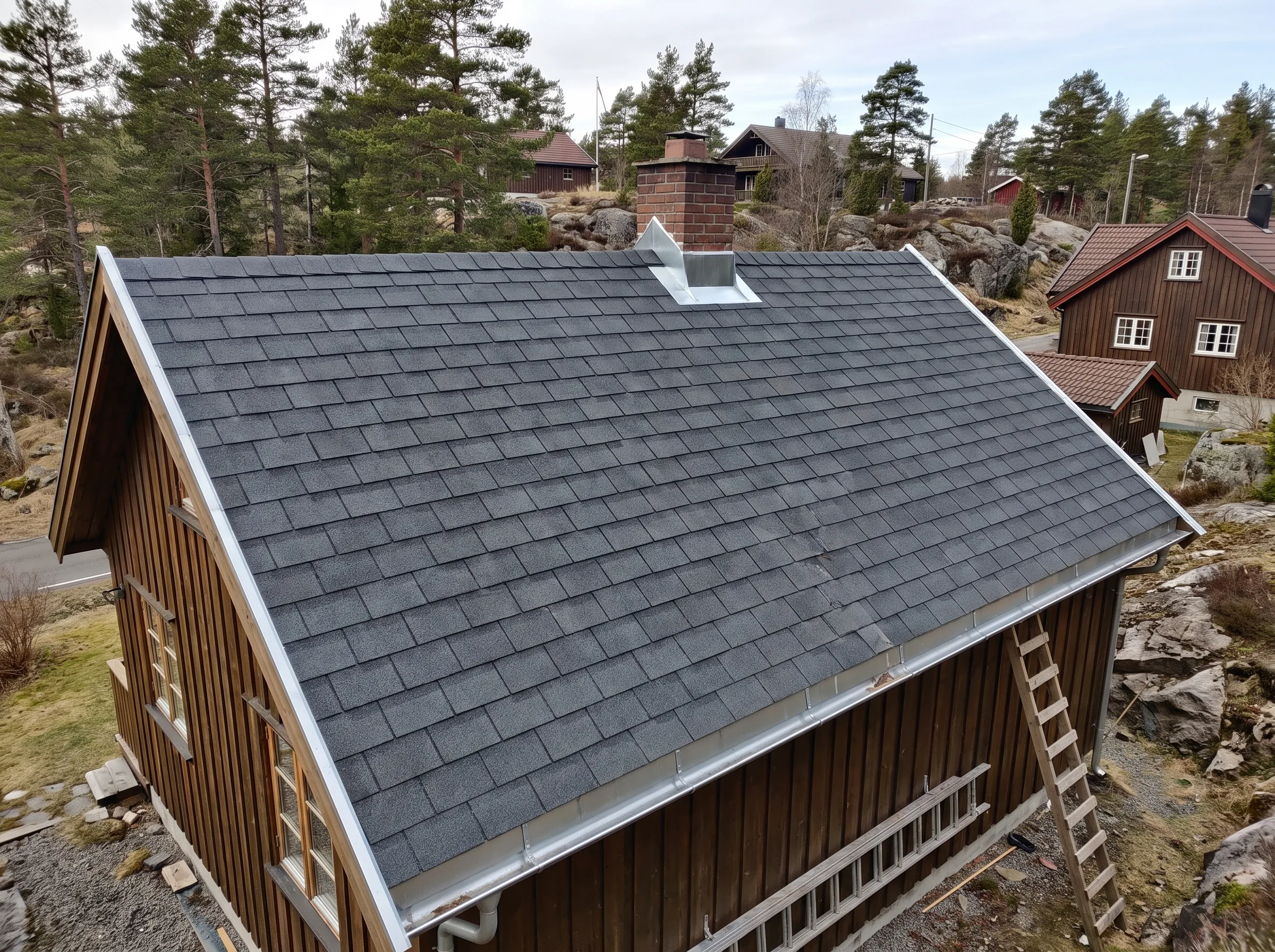 Nytt tak med takstein på en hytte, med skorstein og omgivende trær