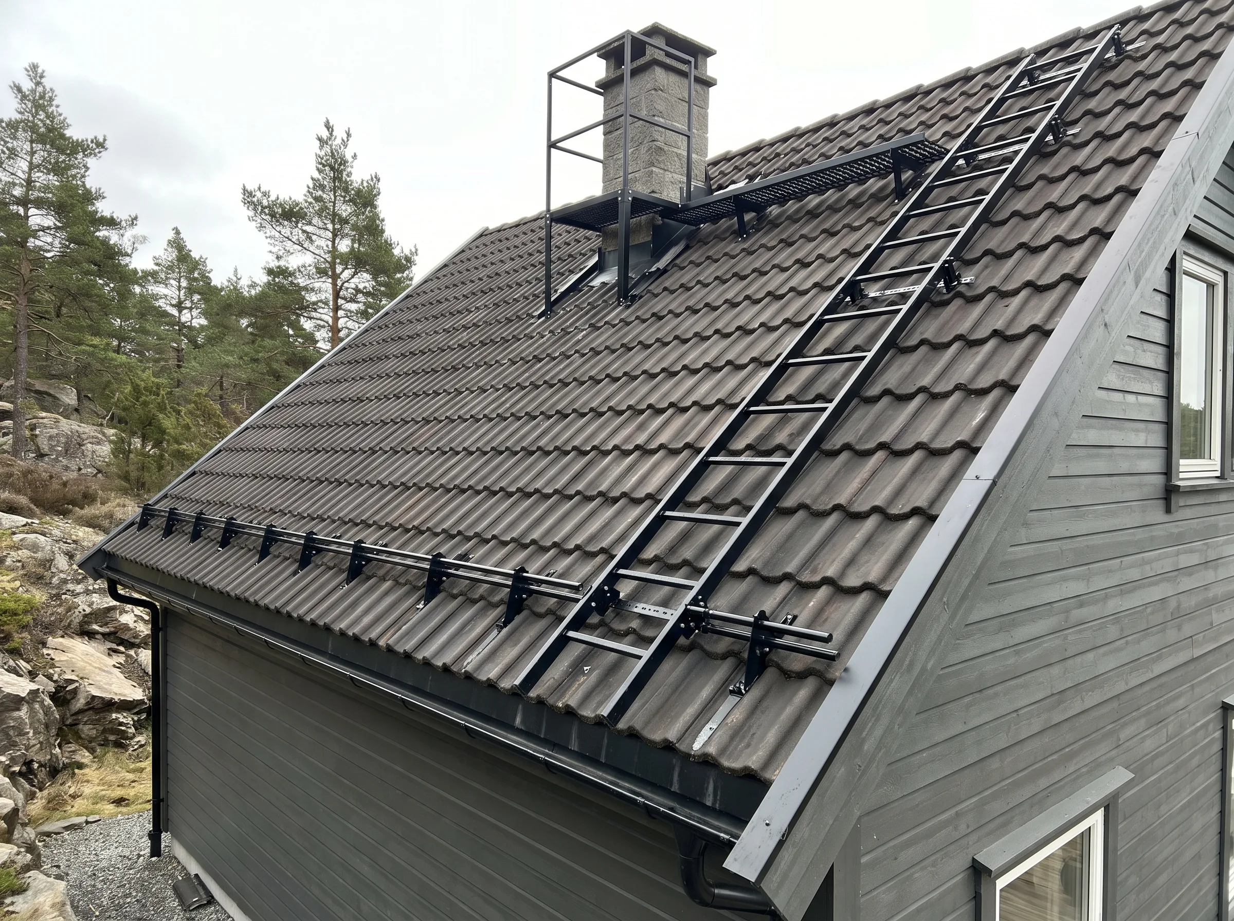 Takstein med takrenner og snøfangere på skråtak