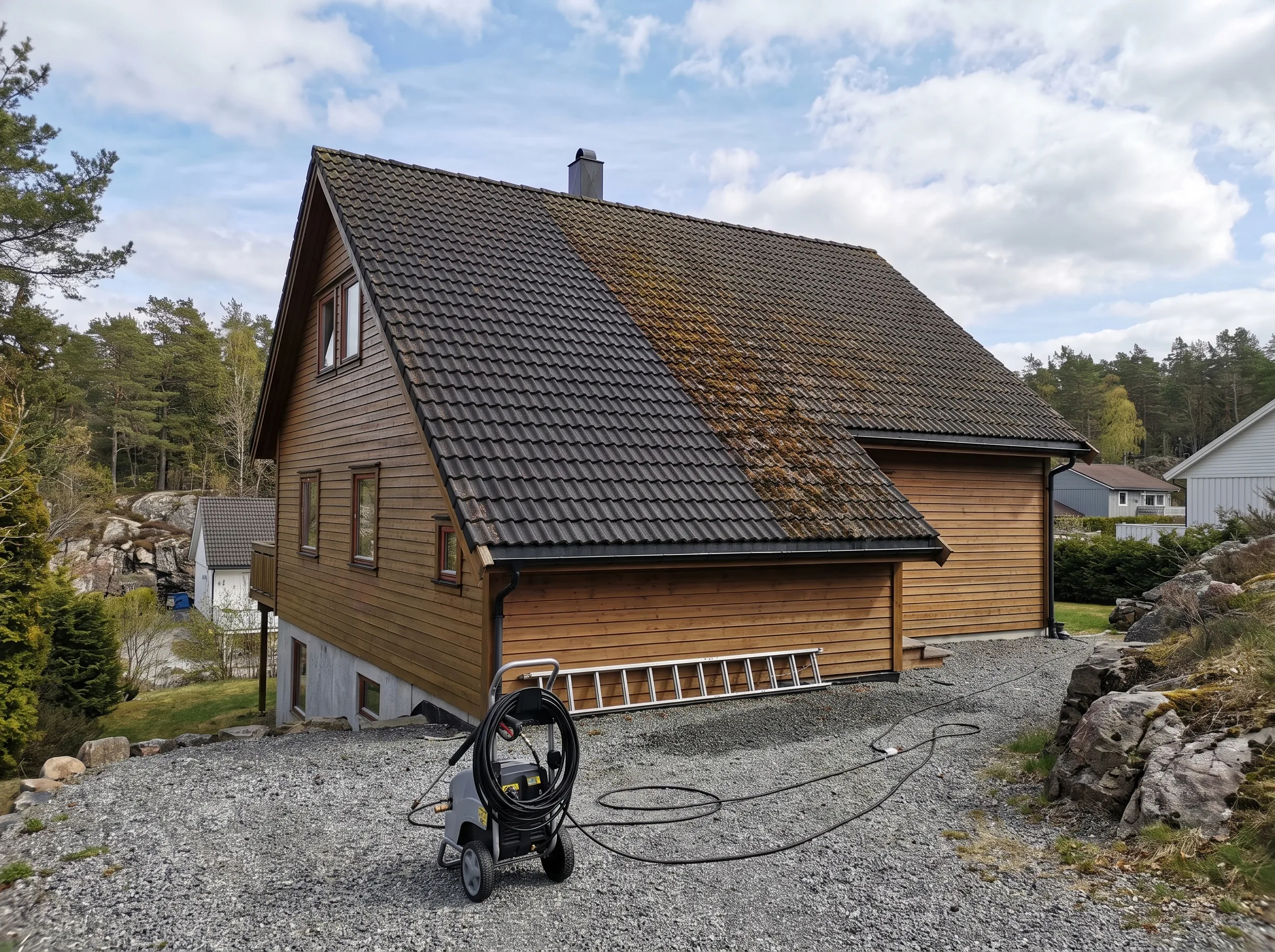 Takvask av et hus med blanding av takstein og trevegg