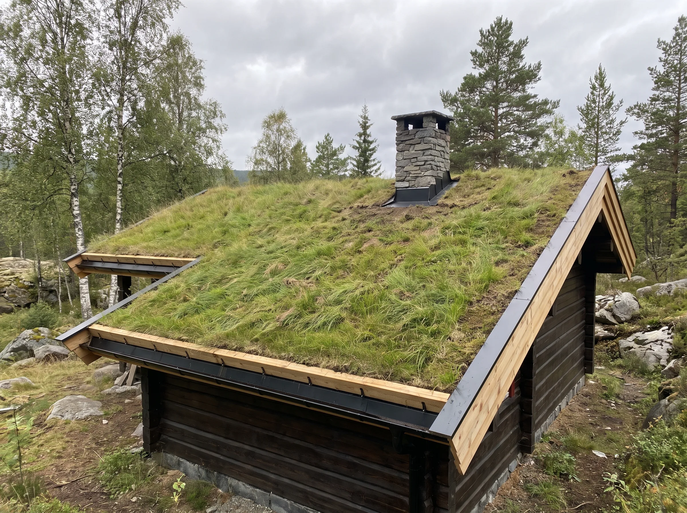 Tak med sedumtak og pipebeslag over en hytte i naturskjønt terreng