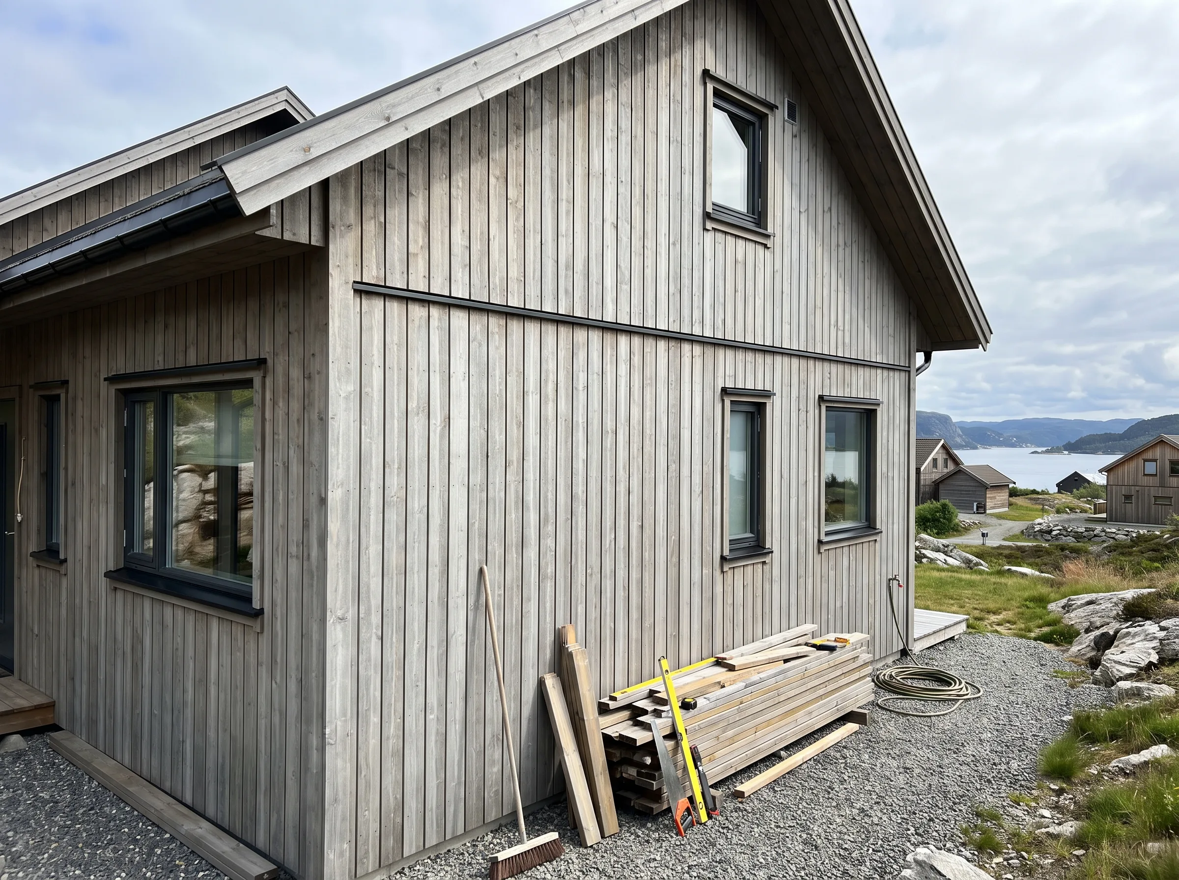Huset har kledning av tre med en hage og utsikt mot vannet